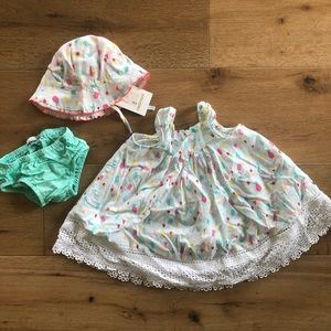 catimini Dress, Diaper Cover, & Sun Hat Set